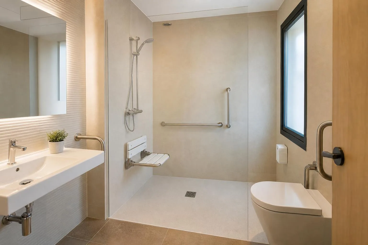 Baño accesible con ducha a ras de suelo y barras de apoyo