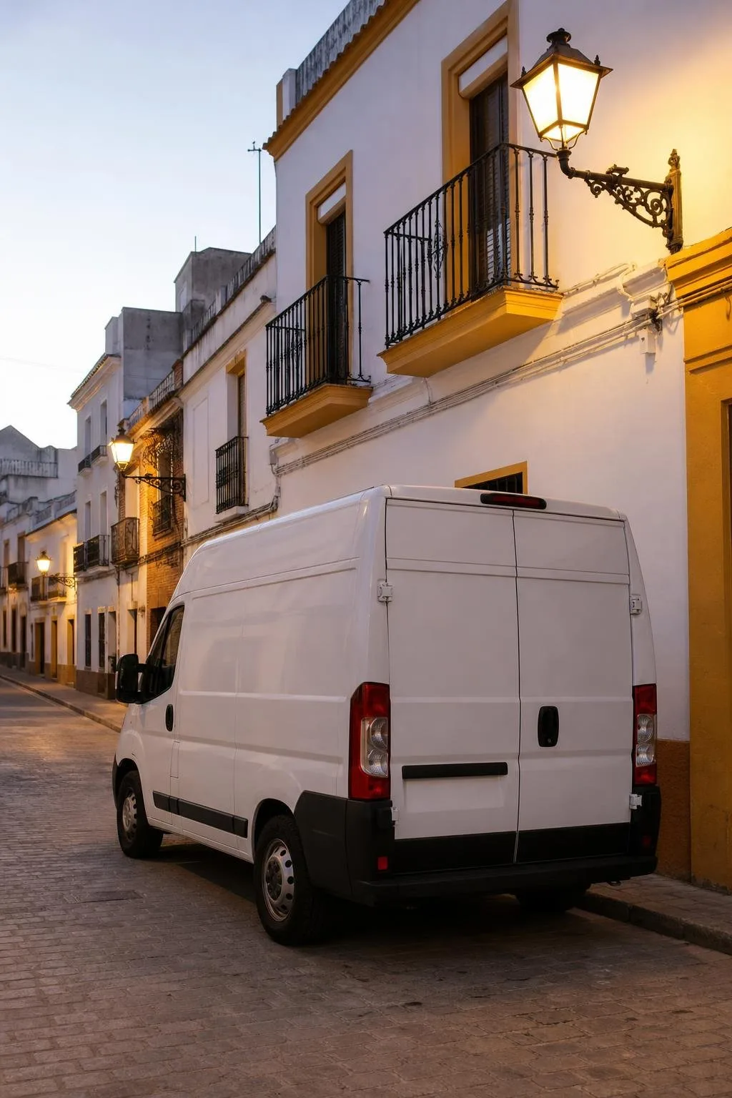 Furgoneta de servicio aparcada en una calle del casco antiguo al anochecer