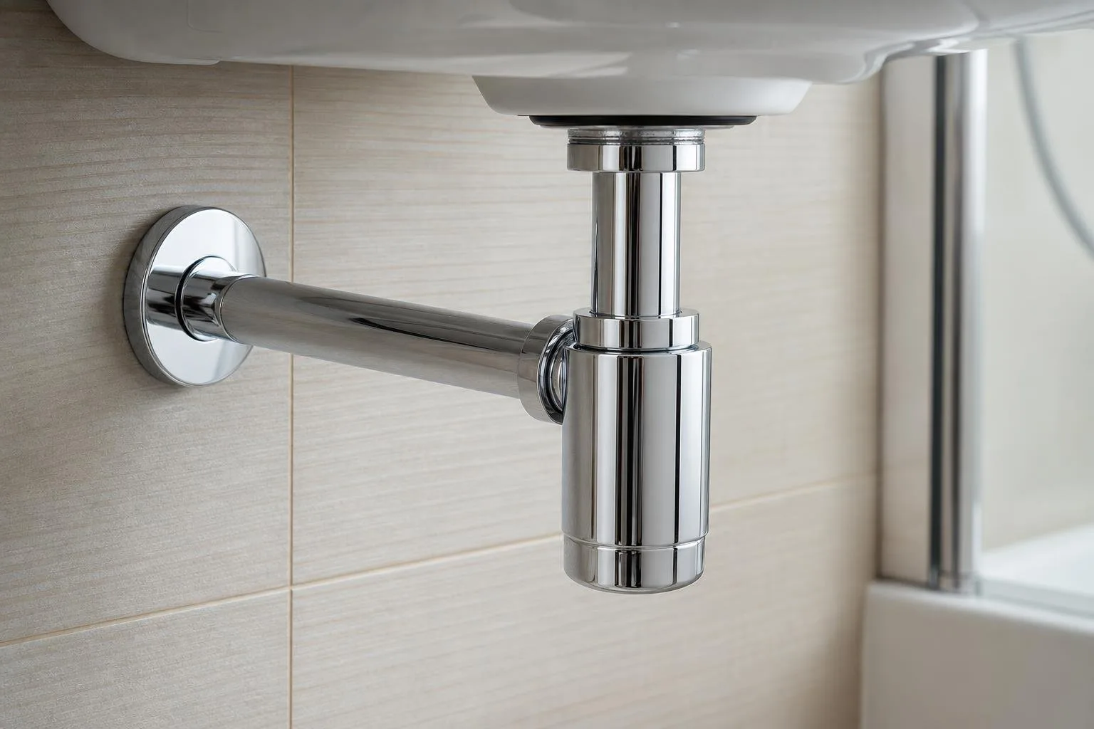 Sifón cromado nuevo bajo un lavabo