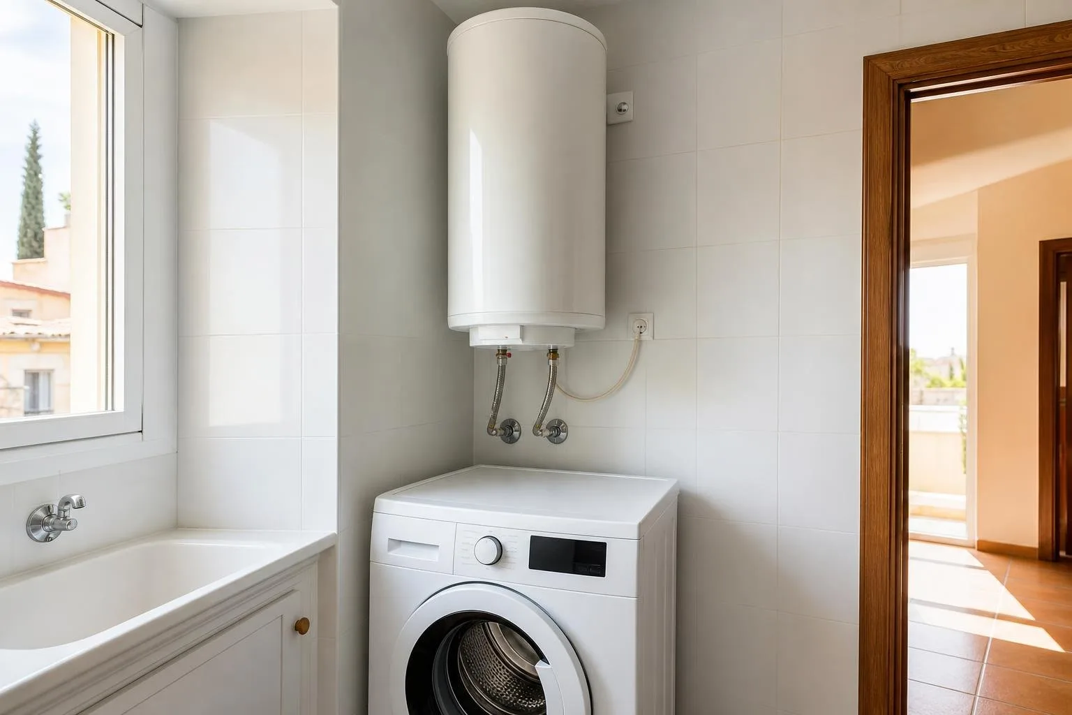 Termo eléctrico en un lavadero con la instalación recogida